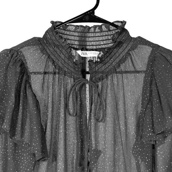 Zara Women's Blouse Gray Sparkle Button Ruffle Neck Tie Sheer Long Sleeve Top XS - Picture 4 of 10